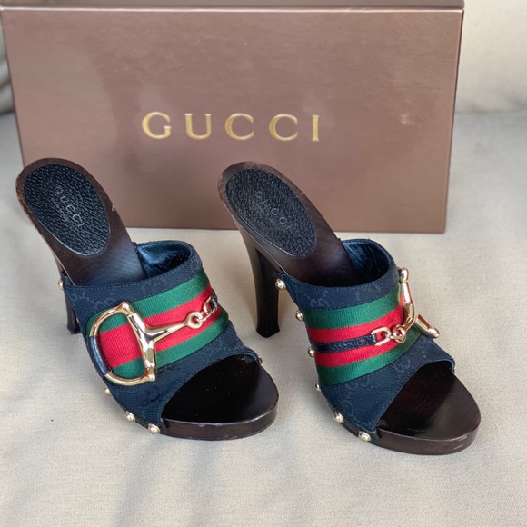 Gucci Shoes - GUCCI Black Canvas Web Stripe Hasler Clog Heels 5